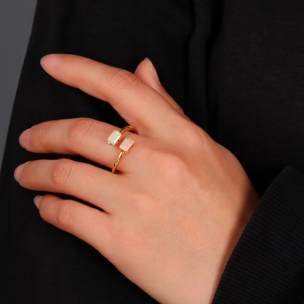 ‘Laramie’ Double Rectangle Opal Open Ring – on hand gold