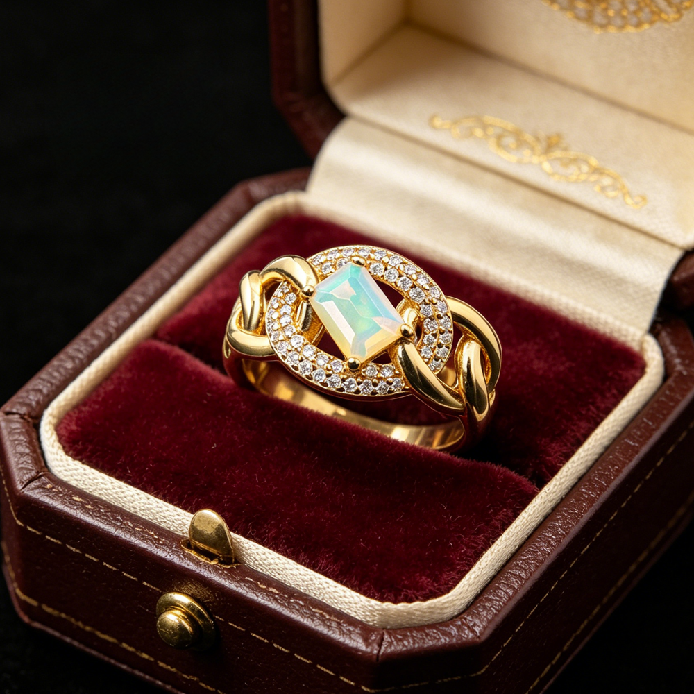 ‘Scout’ Emerald Cut Opal Chain Ring – in ring box