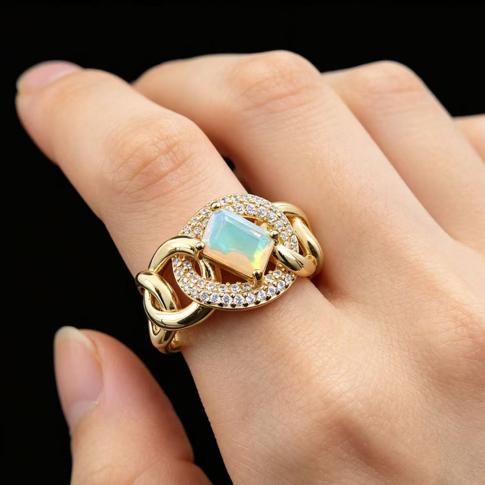 ‘Scout’ Emerald Cut Opal Chain Ring – on hand