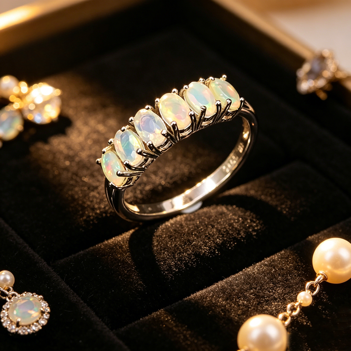 ‘Lawson’ Five Oval Opal Band Ring – styled with pearls
