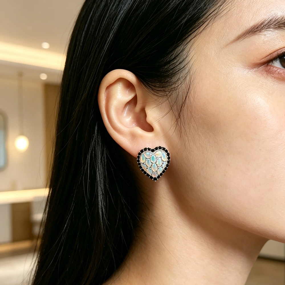 ‘Juliet’ Heart Opal Black Spinel Earrings – on ear