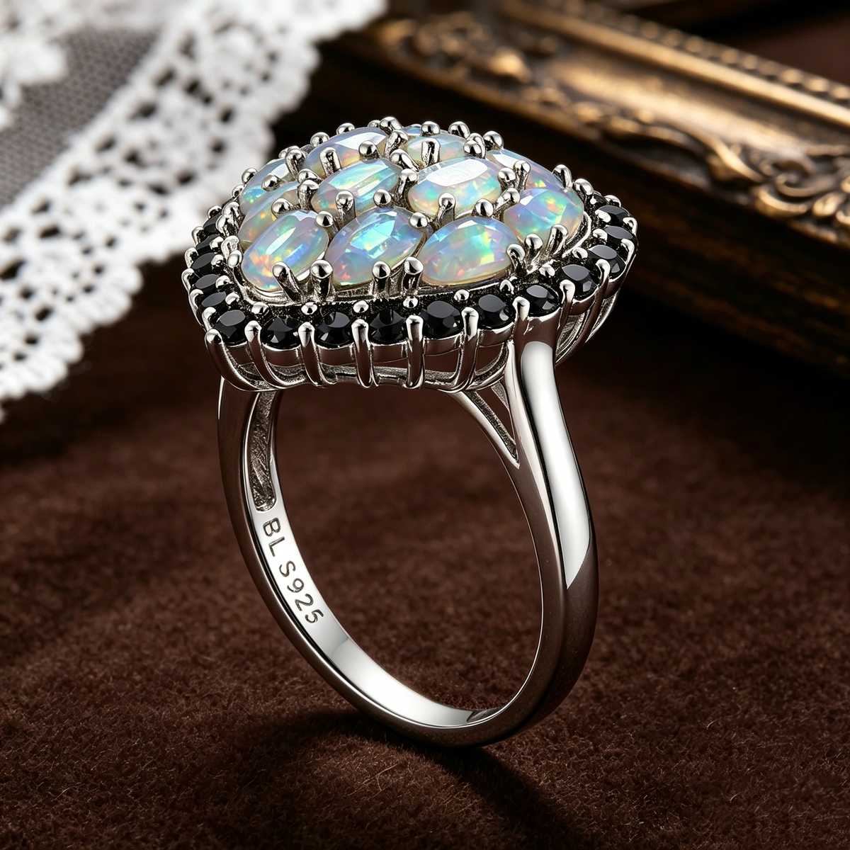 ‘Darling’ Heart Opal Cluster Halo Ring – band side view