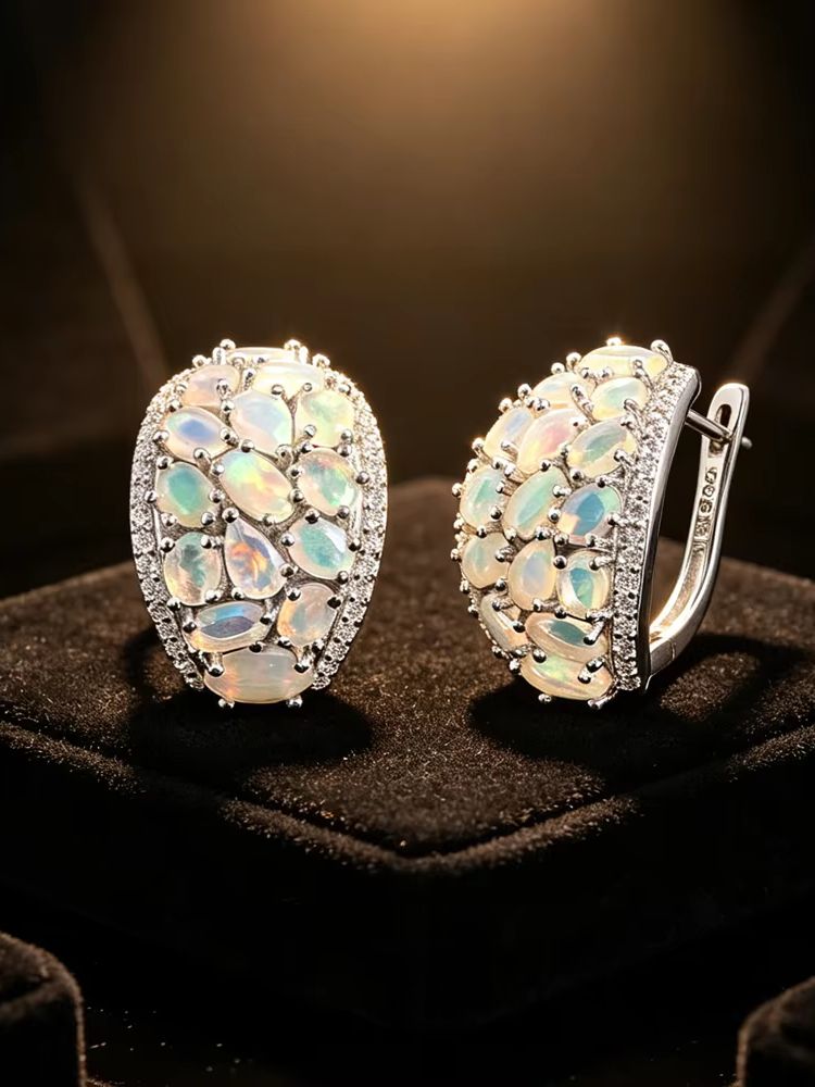 ‘Coralie’ Large Opal Cluster Dome Earrings – dark backdrop