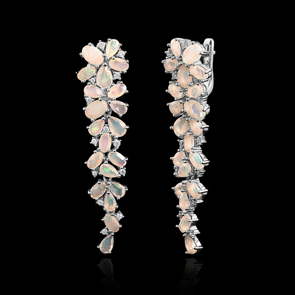 ‘Poppy’ Long Pear Opal Cluster Earrings – front white
