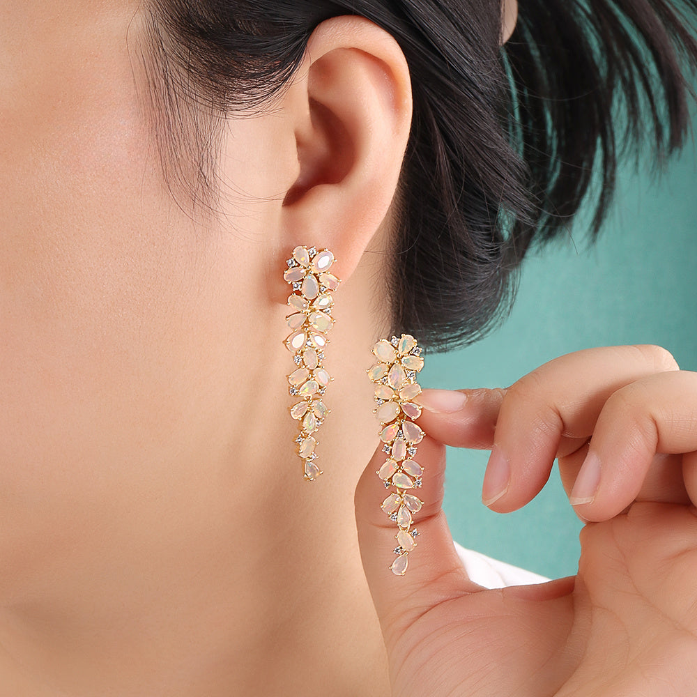 ‘Poppy’ Long Pear Opal Cluster Earrings – on ear