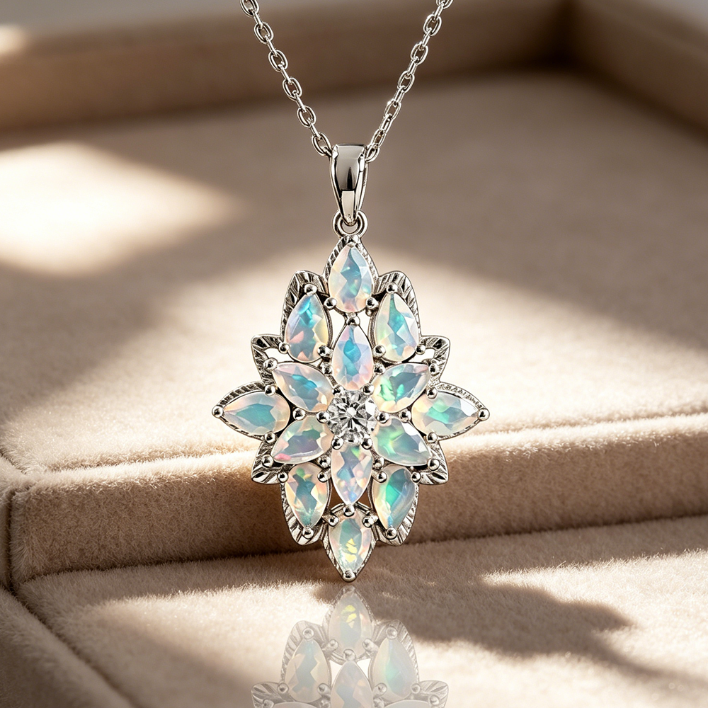 ‘Winnie’ Marquise Opal Cluster Pendant – on beige display