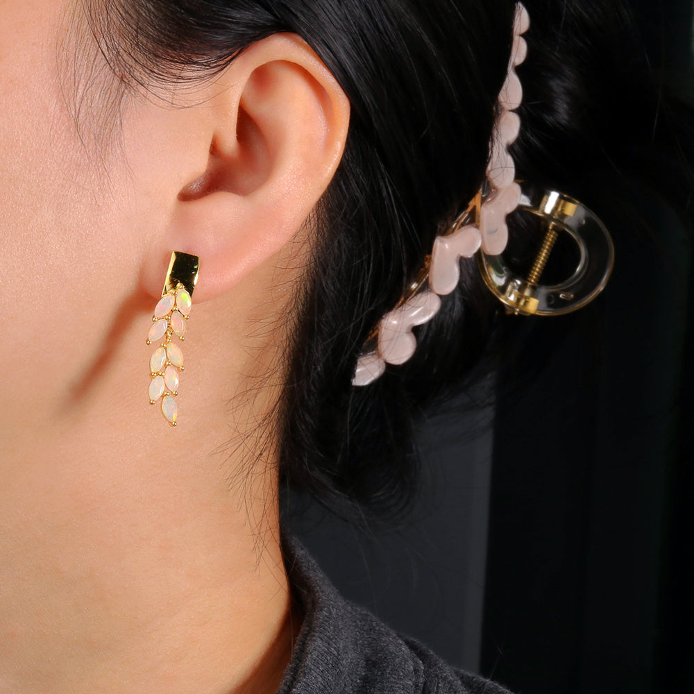 ‘Maple’ Marquise Opal Leaf Drop Earrings – on ear