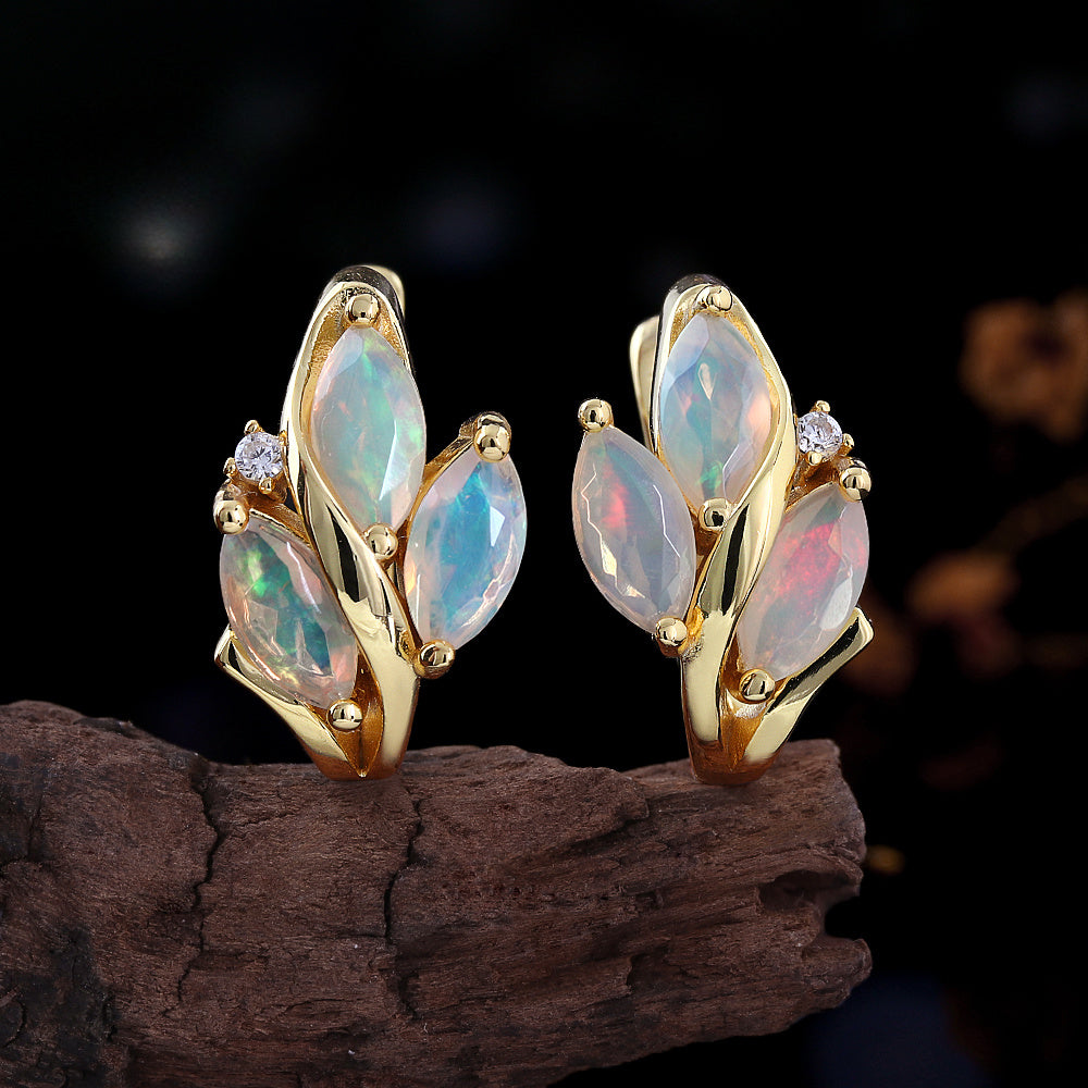 ‘Fern’ Marquise Opal Leaf Huggie Earrings
