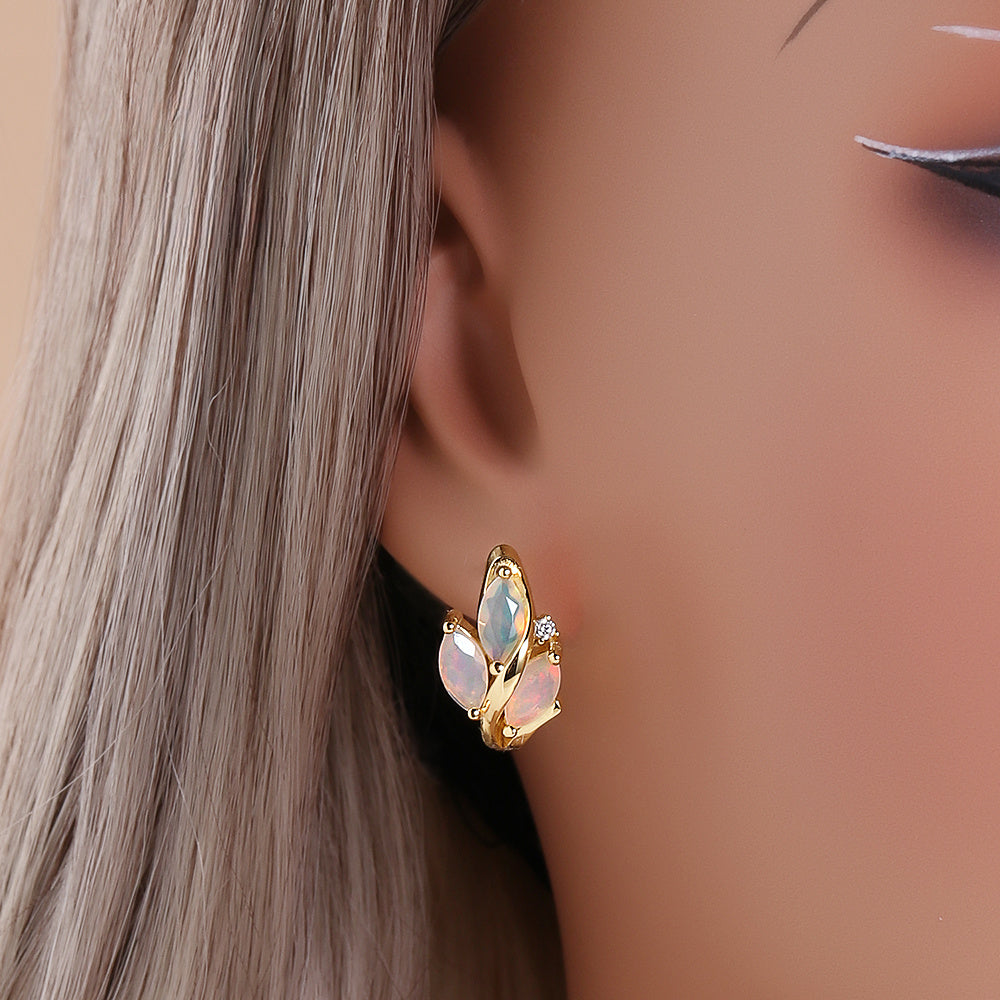 ‘Fern’ Marquise Opal Leaf Huggie Earrings – on ear