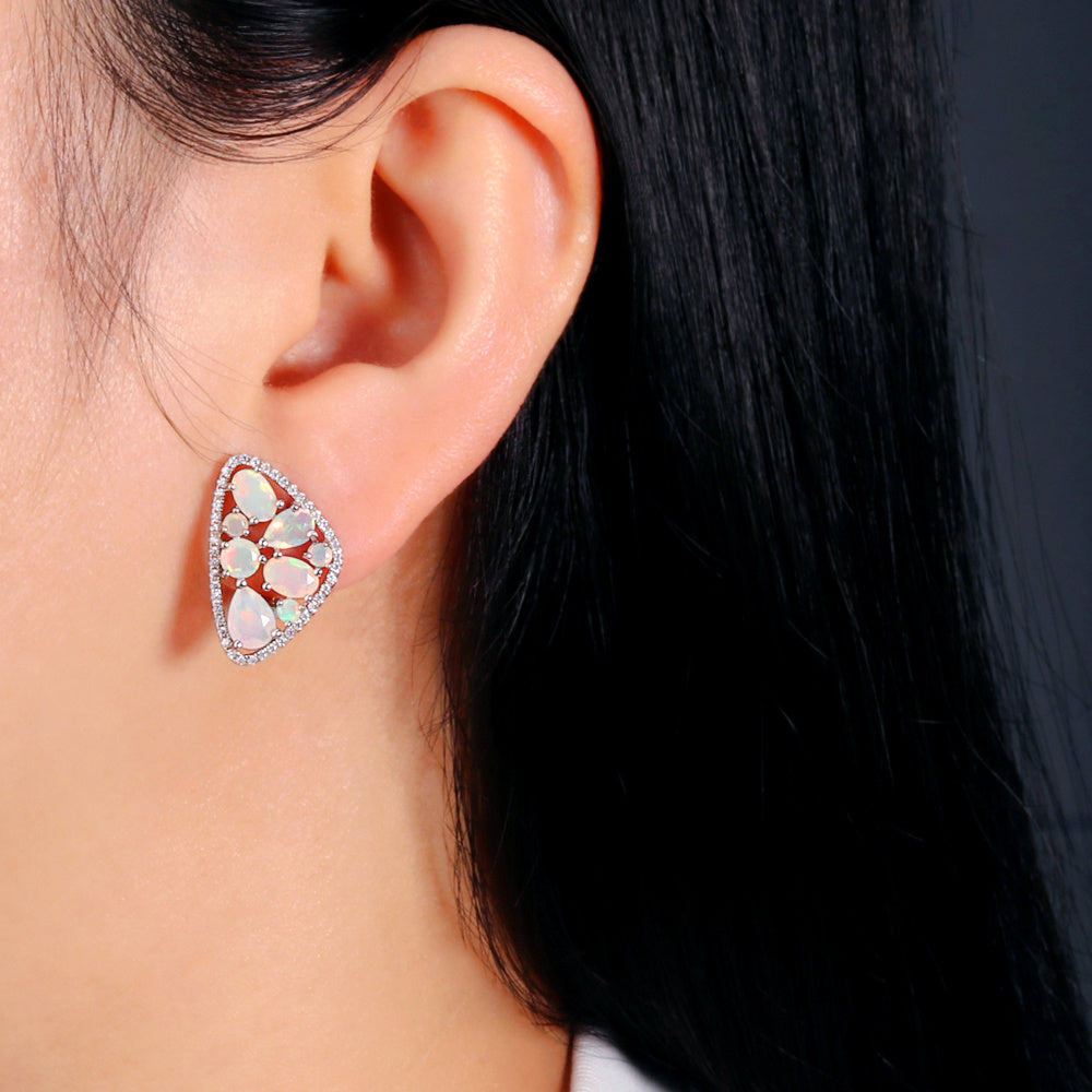 ‘Hartley’ Mixed Opal Cluster Shield Earrings – on ear