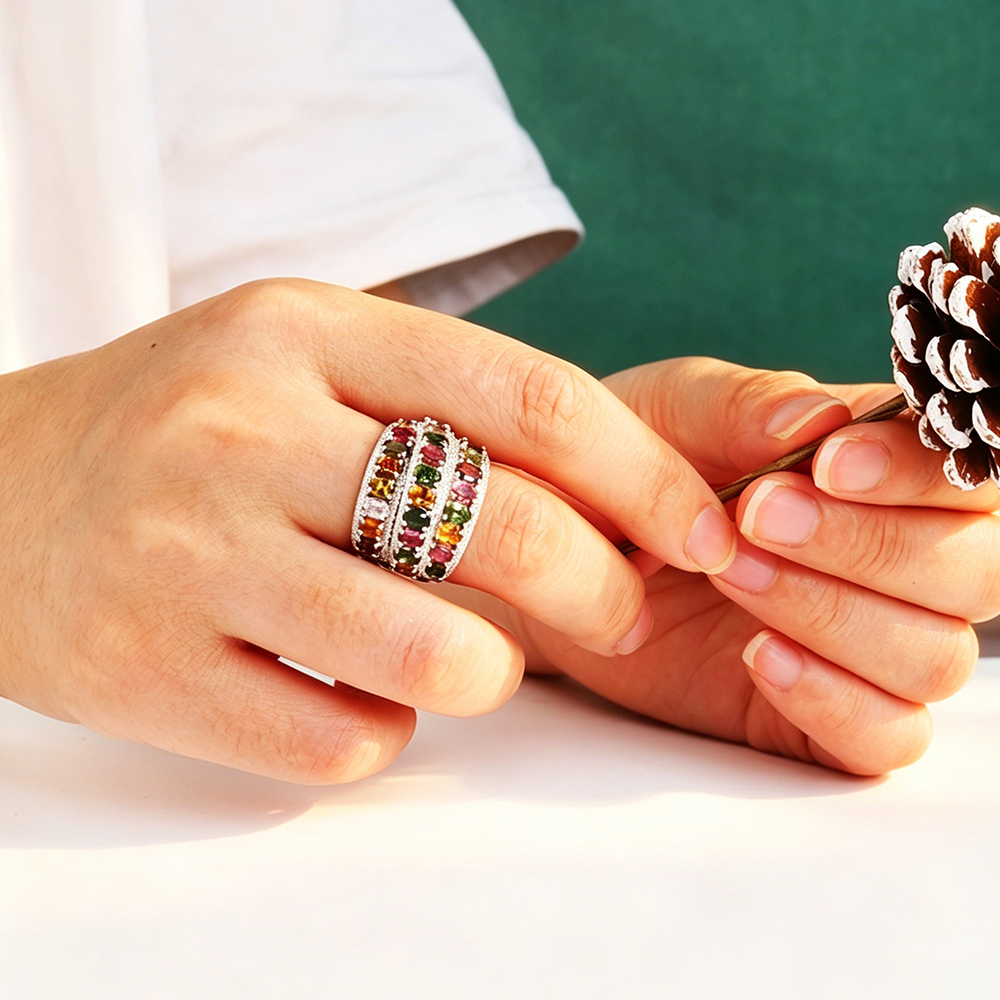 ‘Melody’ Multicolor Tourmaline Wide Band Ring – on hand