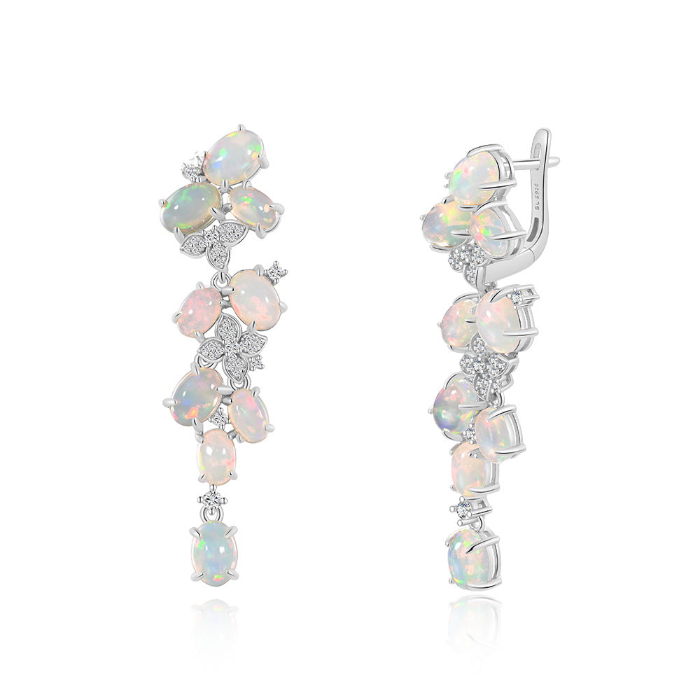 ‘Adelaide’ Opal Cluster Cascade Drop Earrings – front white gold