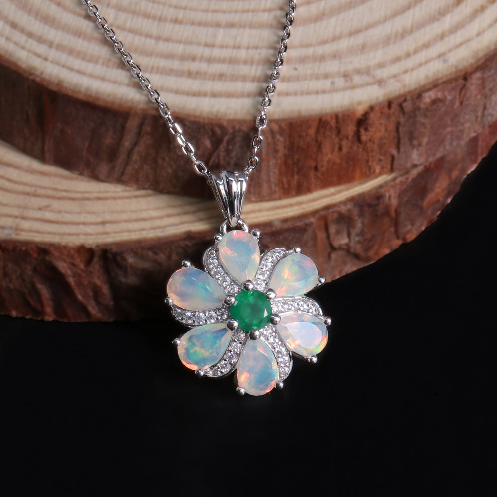 ‘Bridie’ Opal Flower Green Agate Pendant – on wood slice