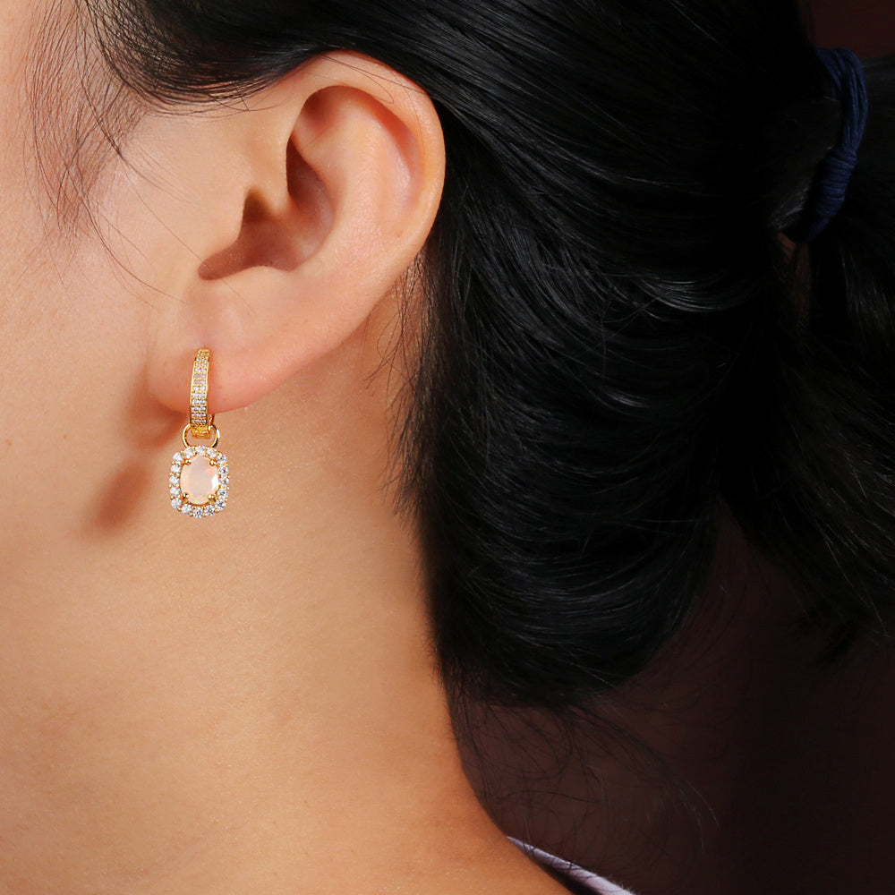 ‘Birdie’ Opal Halo Charm Huggie Earrings – on ear