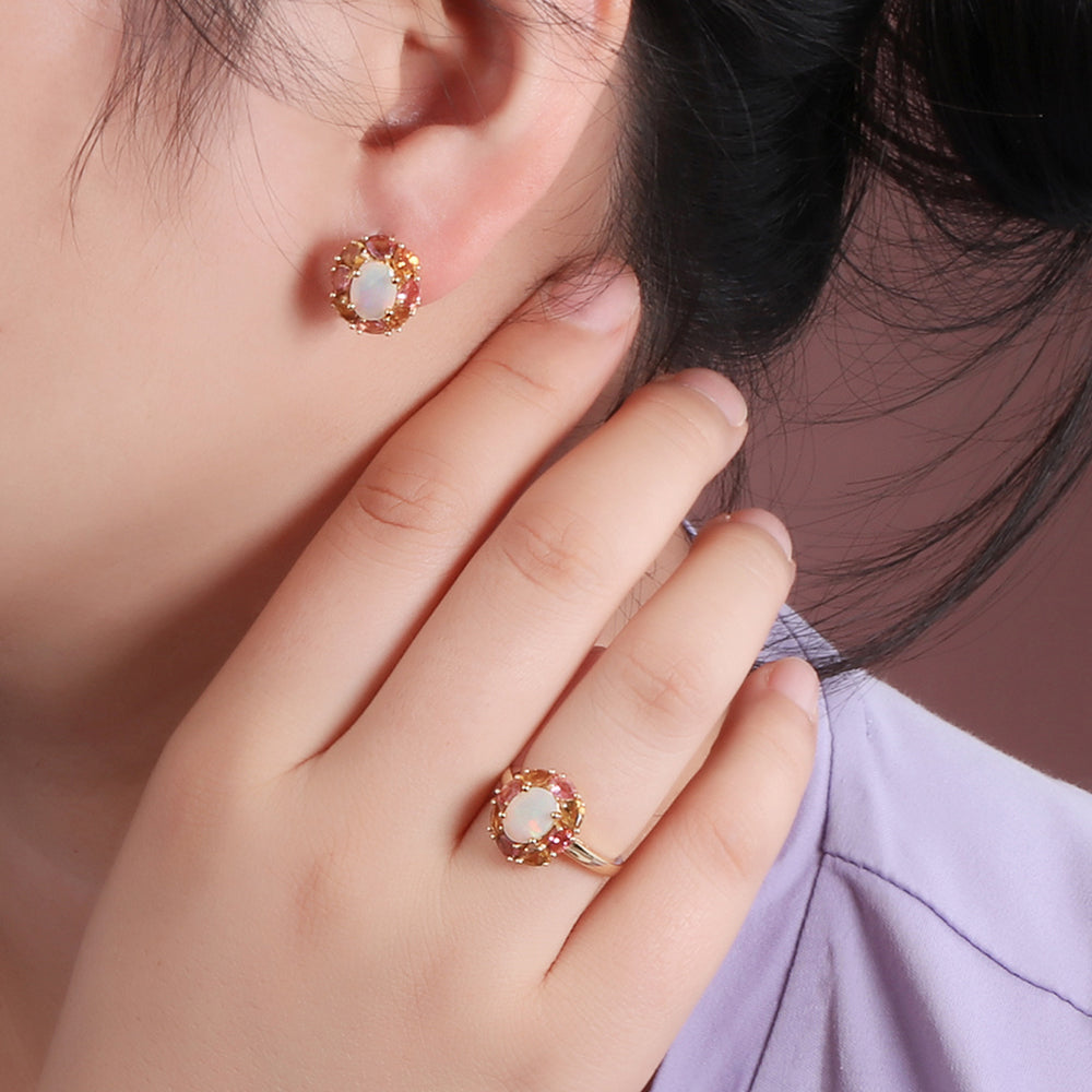 ‘Freesia’ Opal Tourmaline Flower Halo Ring – on ear and hand