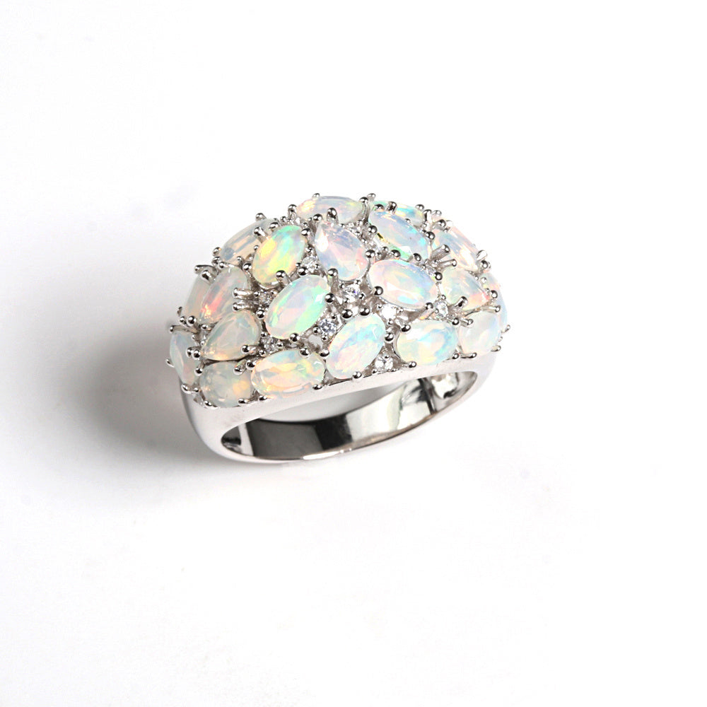 ‘Addie’ Oval Opal Cluster Dome Ring – white silver