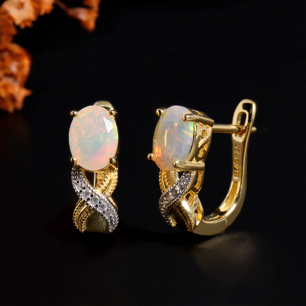 ‘Byron’ Oval Opal Crossover Leverback Earrings – front and side