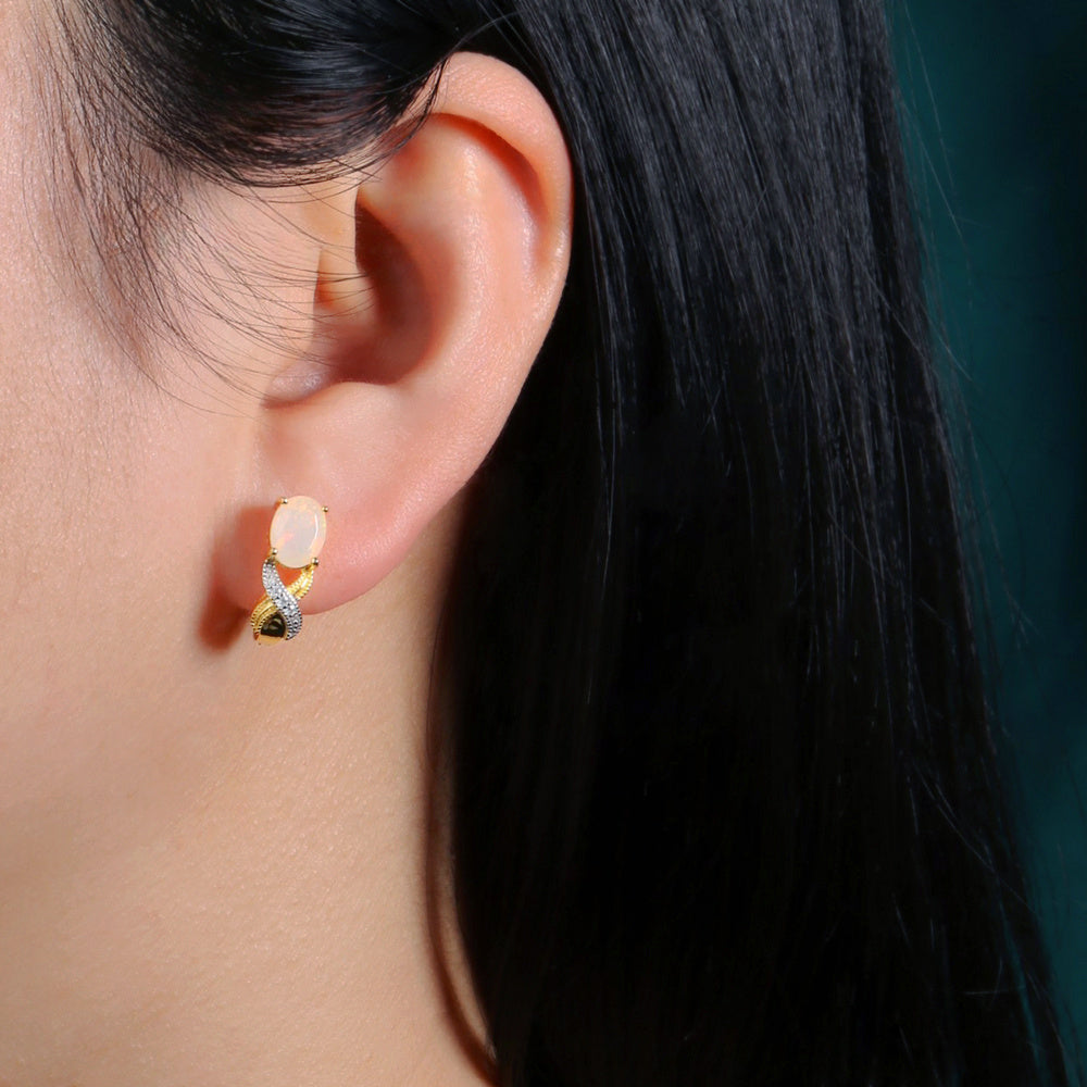 ‘Byron’ Oval Opal Crossover Leverback Earrings – on ear
