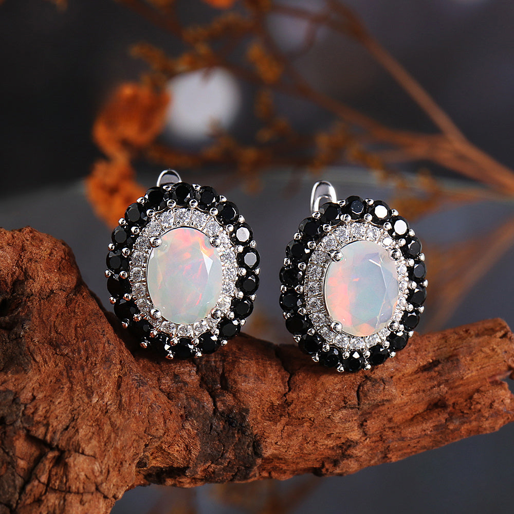 ‘Edith’ Oval Opal Double Halo Earrings (7 × 9 mm)