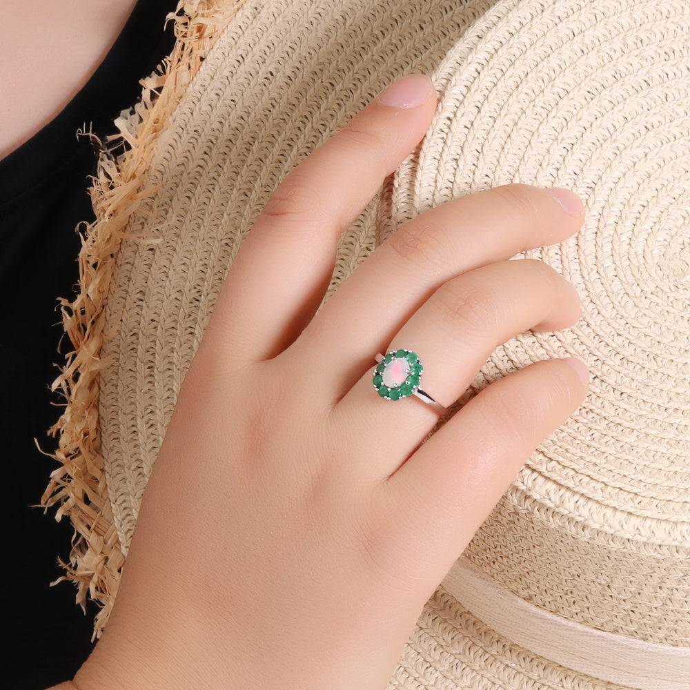 ‘Emmeline’ Oval Opal Emerald Halo Ring – on hand
