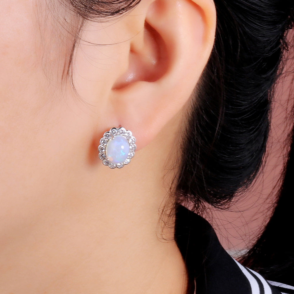 ‘Elsie’ Oval Opal Flower Halo Set – on ear