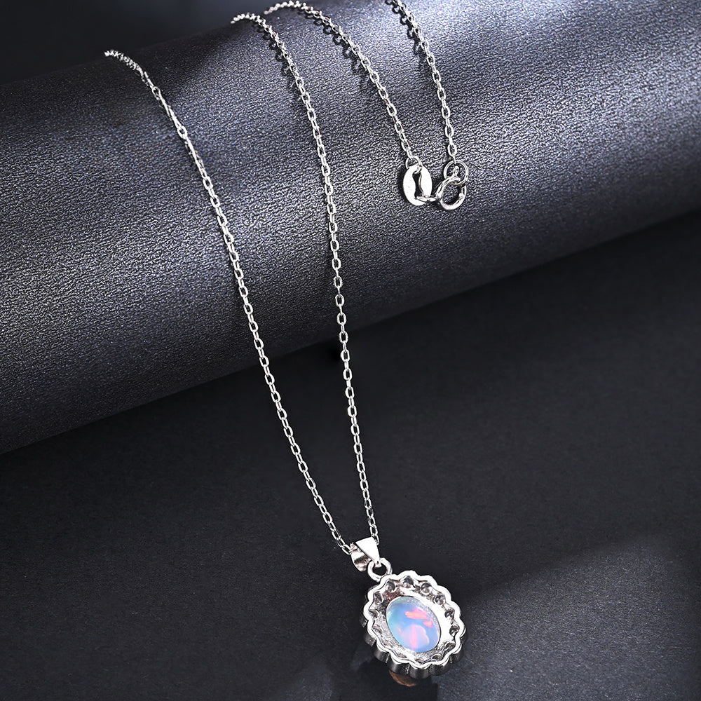‘Elsie’ Oval Opal Flower Halo Set – necklace full