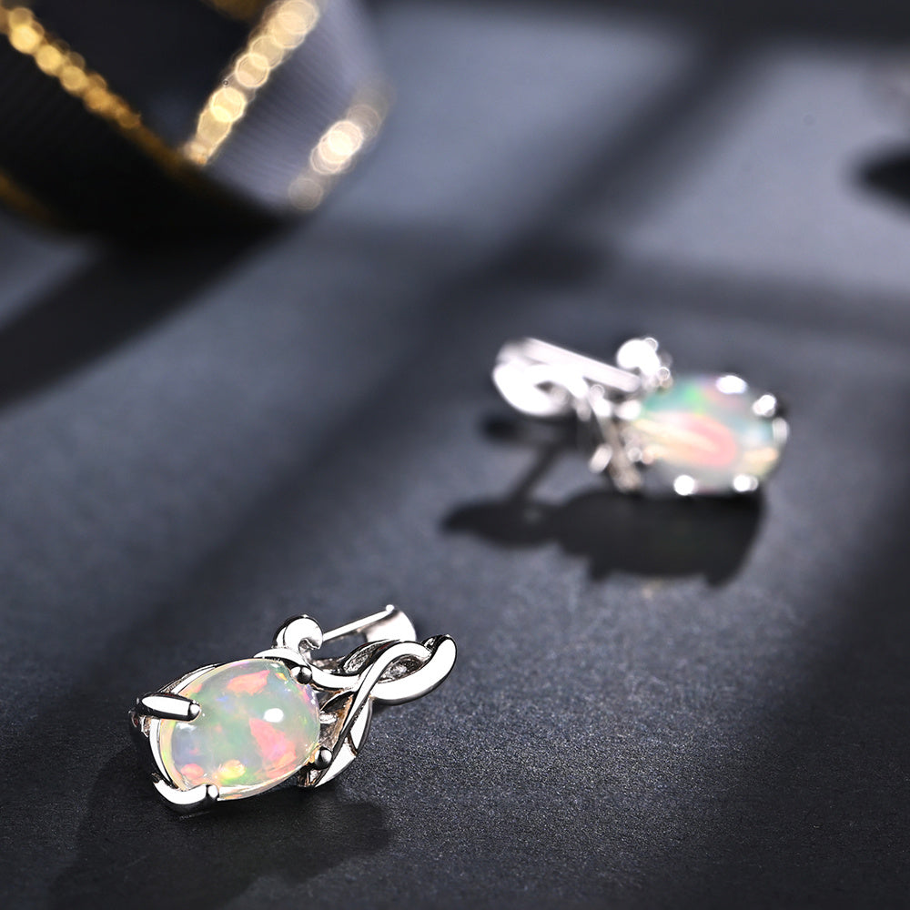 ‘Sage’ Oval Opal Leaf Vine Earrings – angle close up