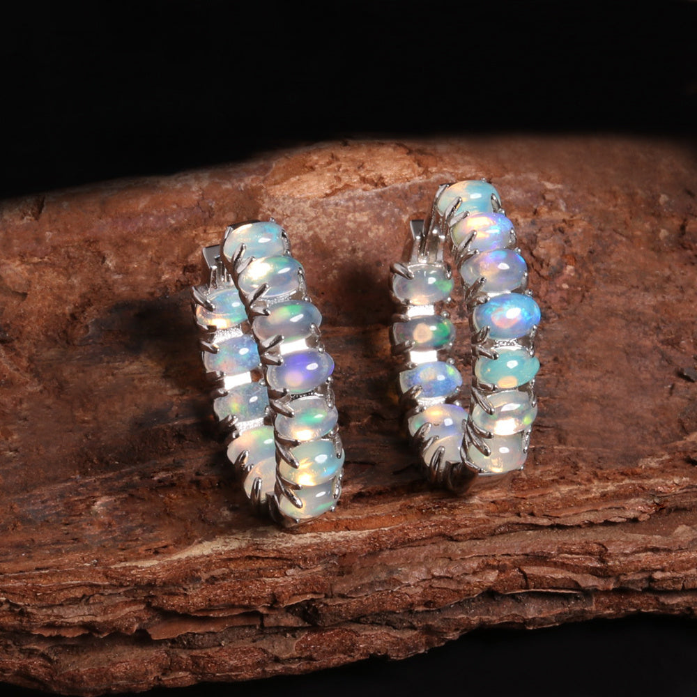 ‘Estelle’ Oval Opal Row Hoop Earrings – on wood