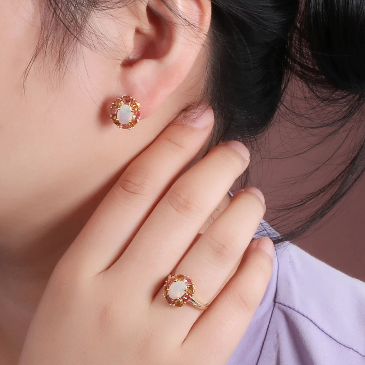 ‘Clarissa’ Oval Opal Tourmaline Cluster Set – earring and ring worn