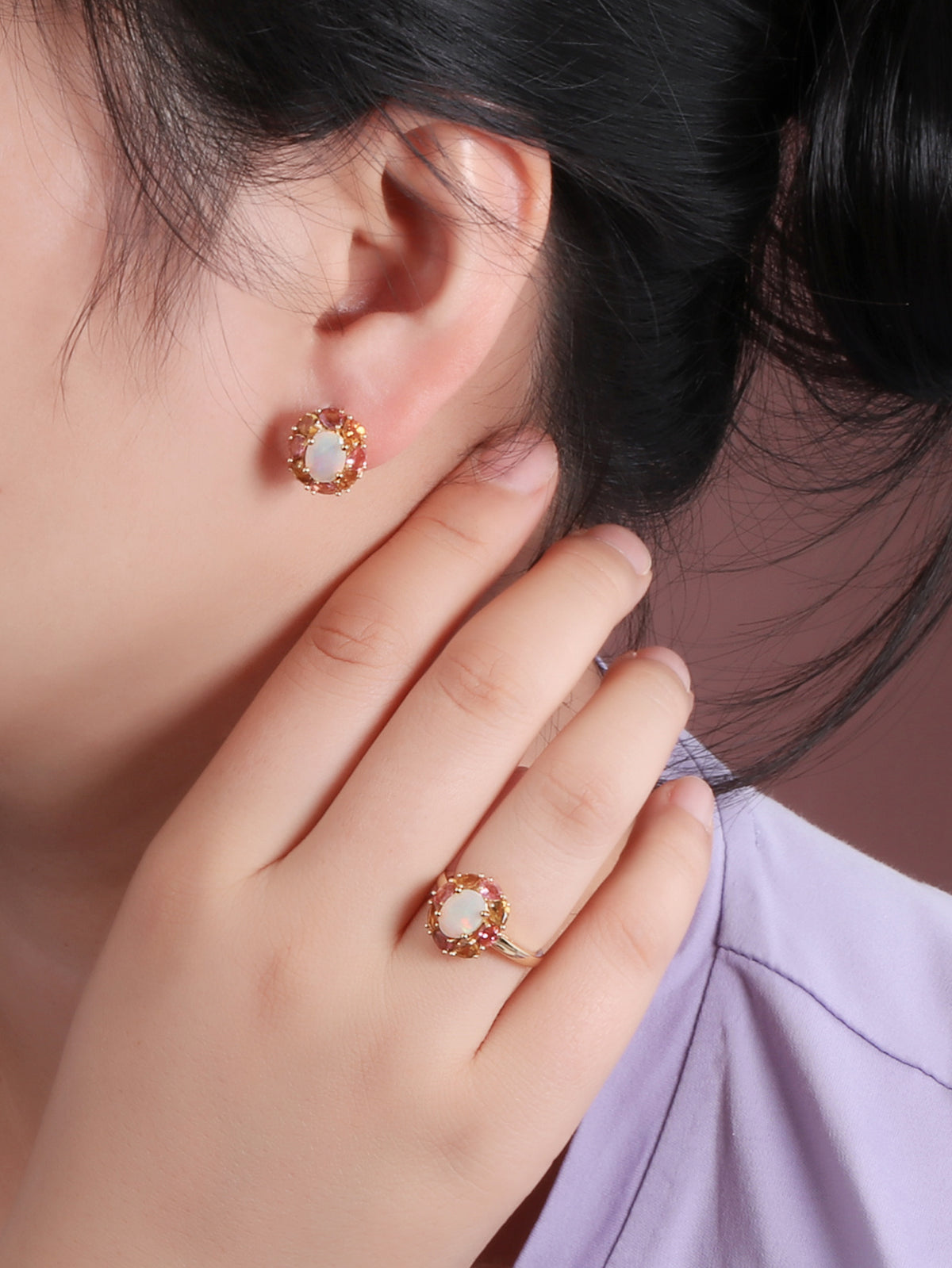 ‘Clarissa’ Oval Opal Tourmaline Cluster Set – earring and ring worn