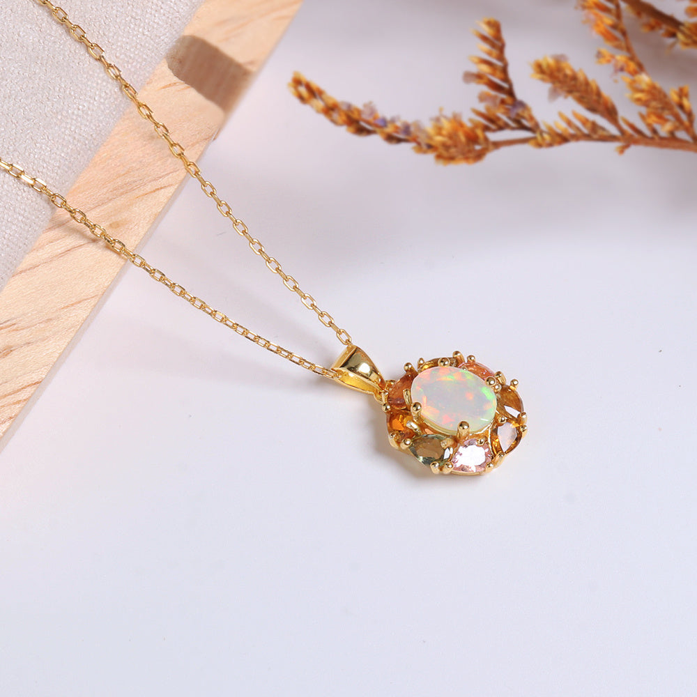 ‘Carmel’ Oval Opal Tourmaline Halo Pendant – styled flat lay
