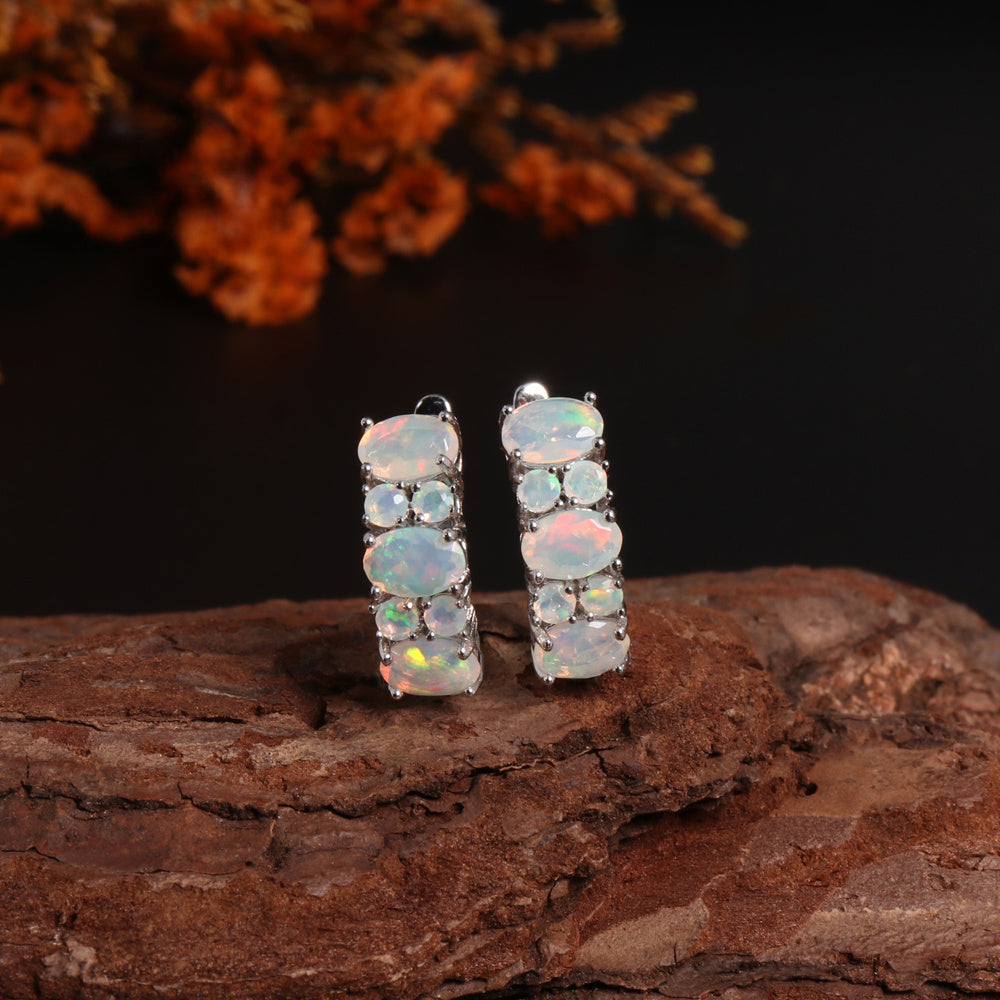 ‘Effie’ Oval Round Opal Huggie Earrings – on wood