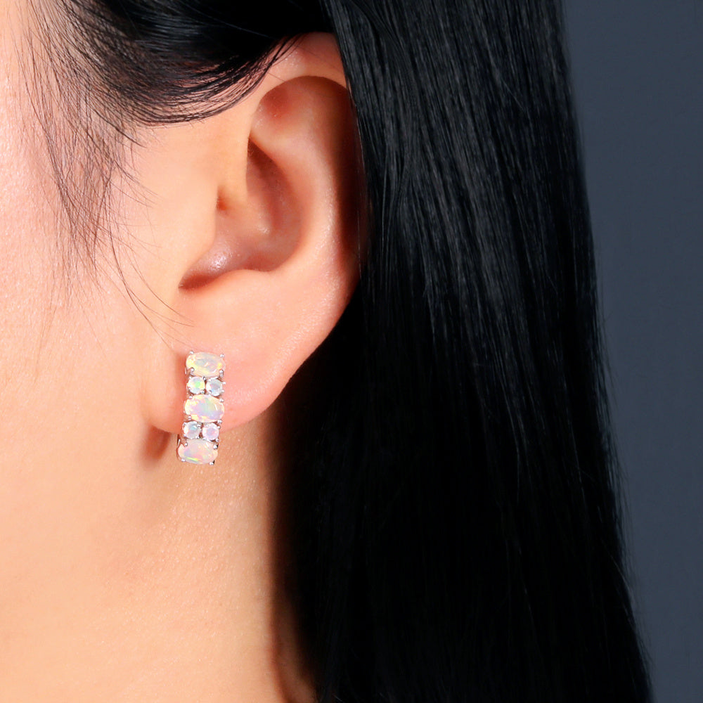 ‘Effie’ Oval Round Opal Huggie Earrings – on ear