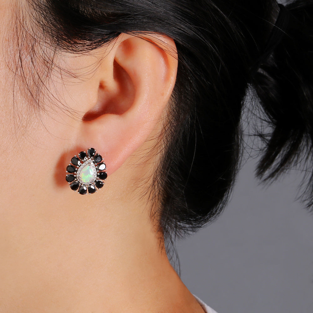‘Pepper’ Pear Opal Black Spinel Earrings – on ear