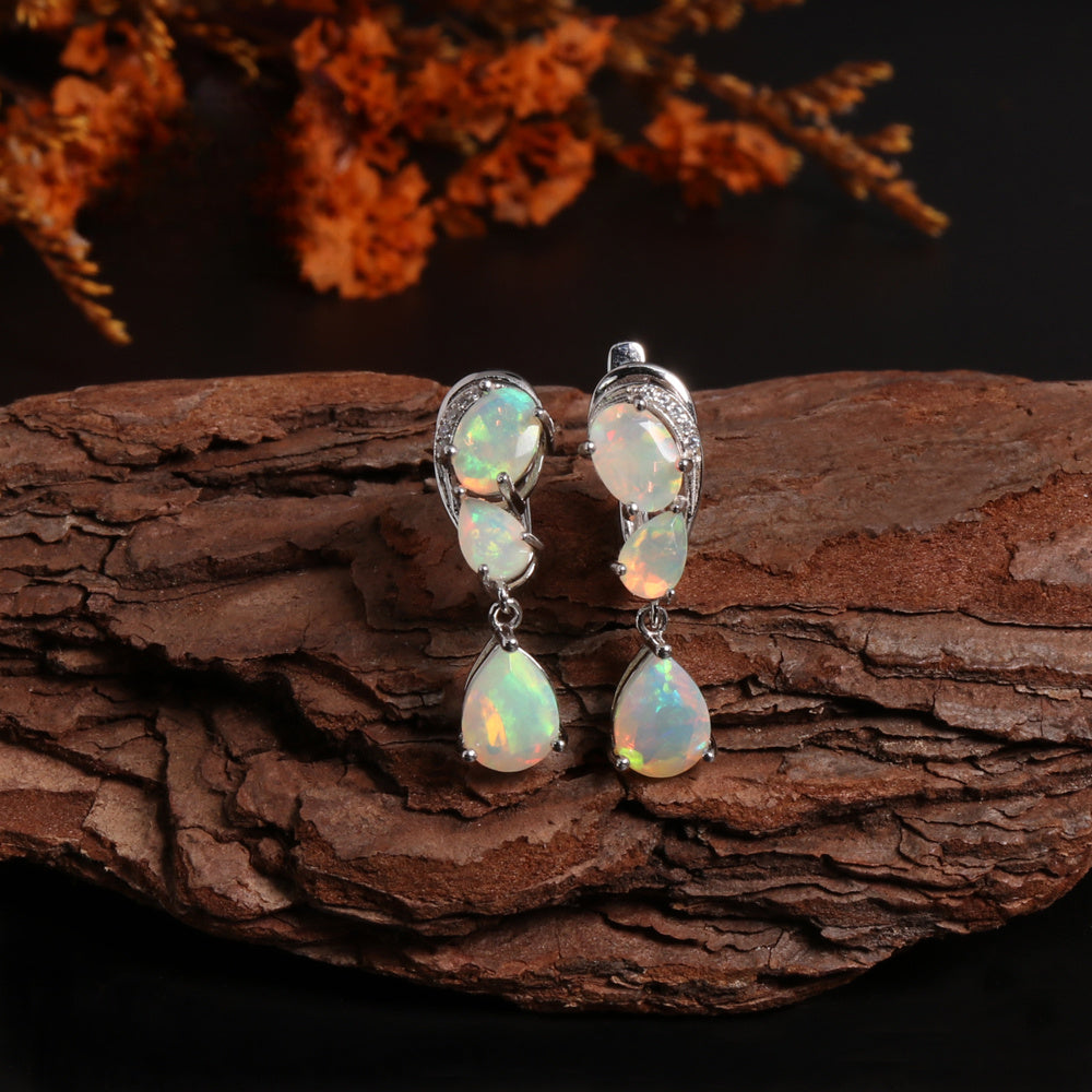 ‘Collins’ Pear Opal Cluster Drop Earrings – on driftwood