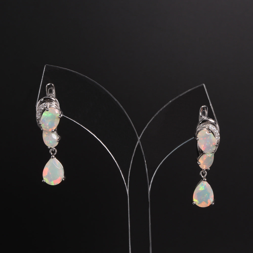 ‘Collins’ Pear Opal Cluster Drop Earrings – on display stand