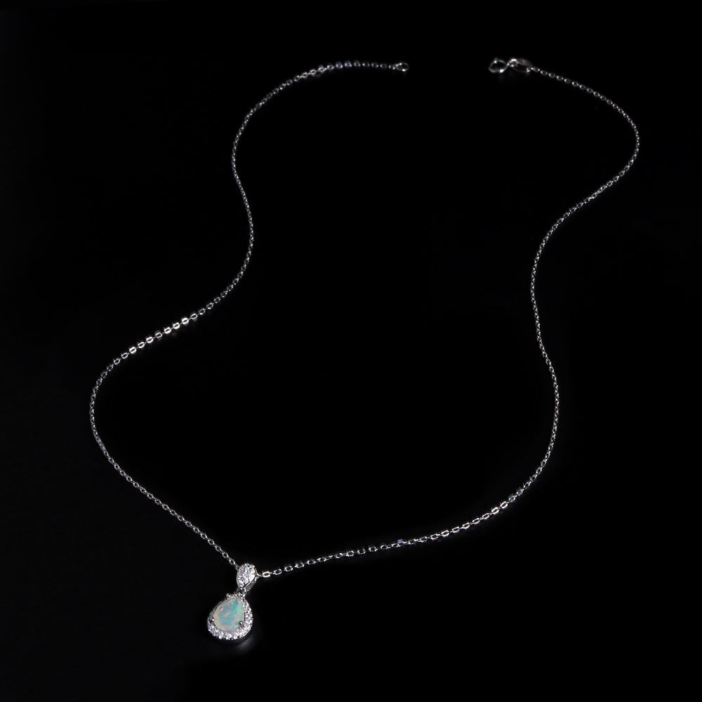 ‘Haven’ Pear Opal Halo Pendant – full chain length