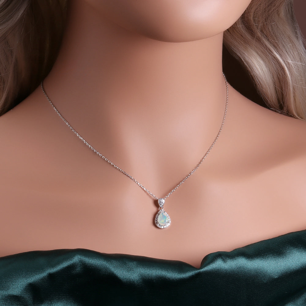 ‘Haven’ Pear Opal Halo Pendant – on neck