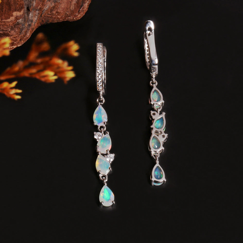 ‘Eliza’ Pear Opal Linear Drop Earrings – front and side