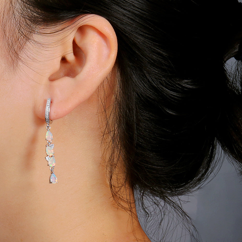 ‘Eliza’ Pear Opal Linear Drop Earrings – on ear