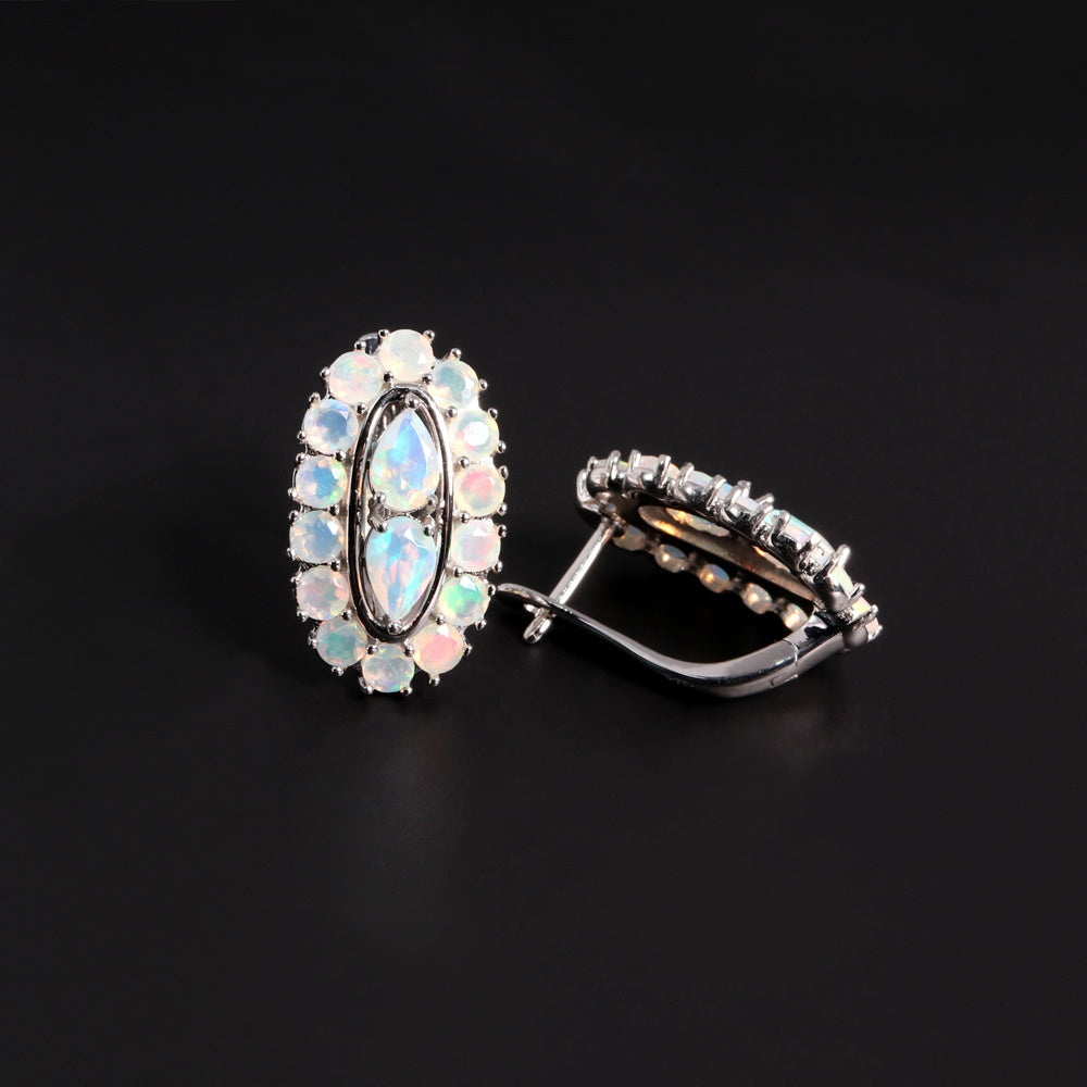 ‘Scarlet’ Pear Opal Oval Halo Earrings – side view