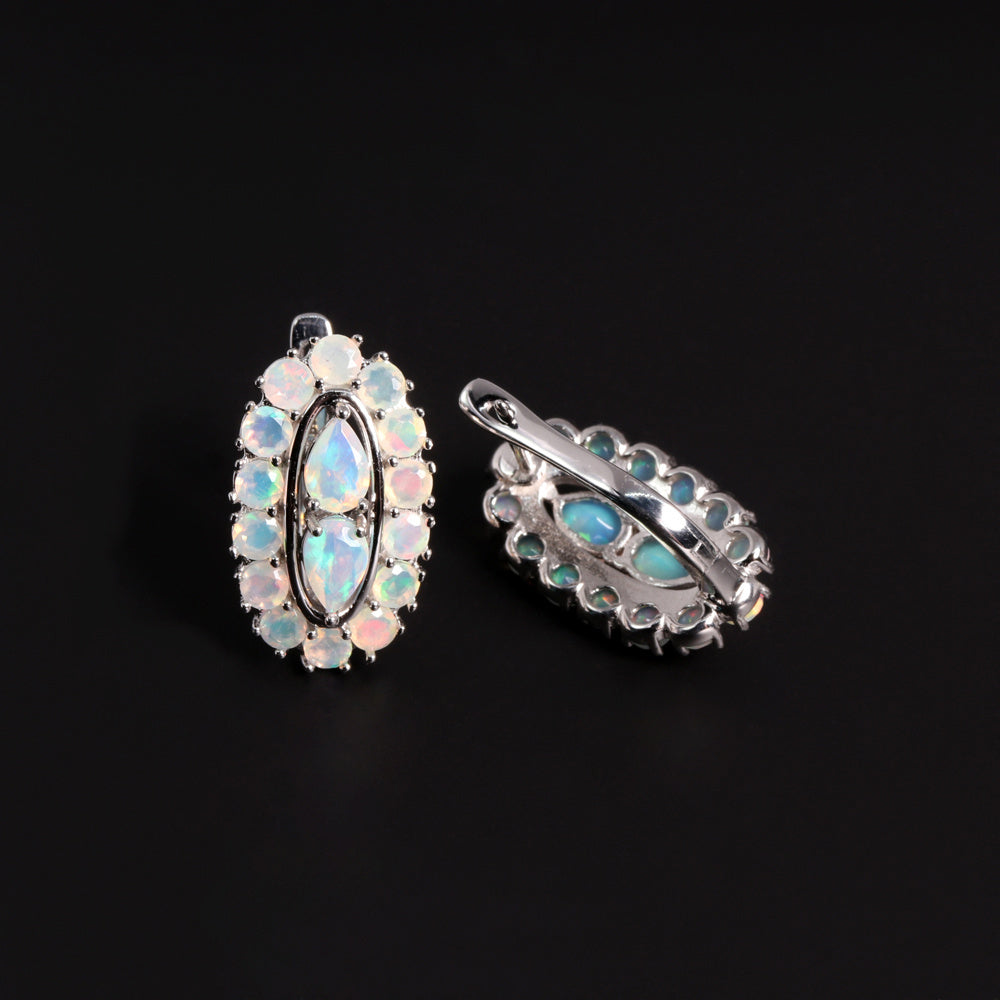 ‘Scarlet’ Pear Opal Oval Halo Earrings – angled view