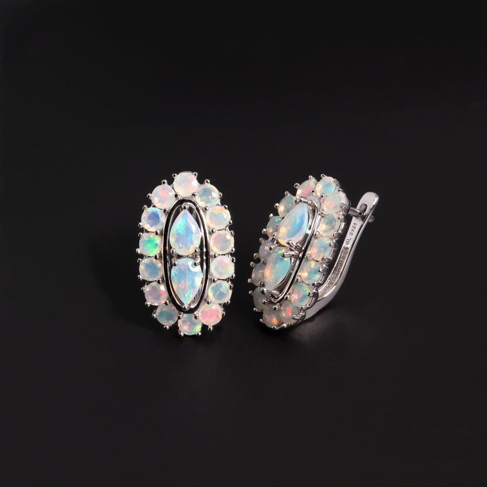 ‘Scarlet’ Pear Opal Oval Halo Earrings – three quarter view