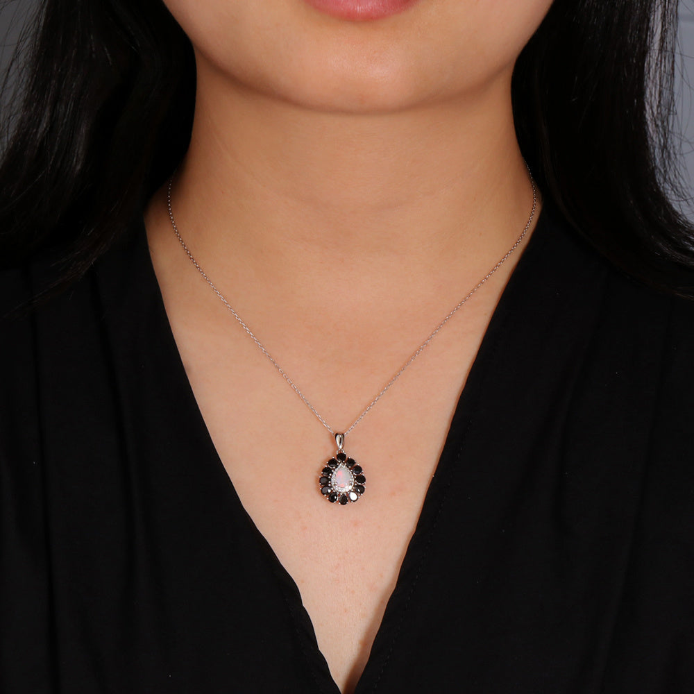 ‘Greta’ Pear Opal Spinel Halo Necklace – on neck