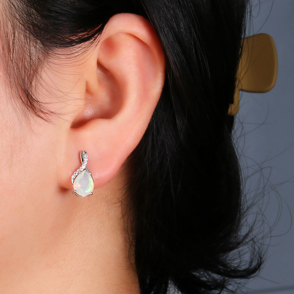 ‘Marnie’ Pear Opal Twist Leverback Earrings – on ear