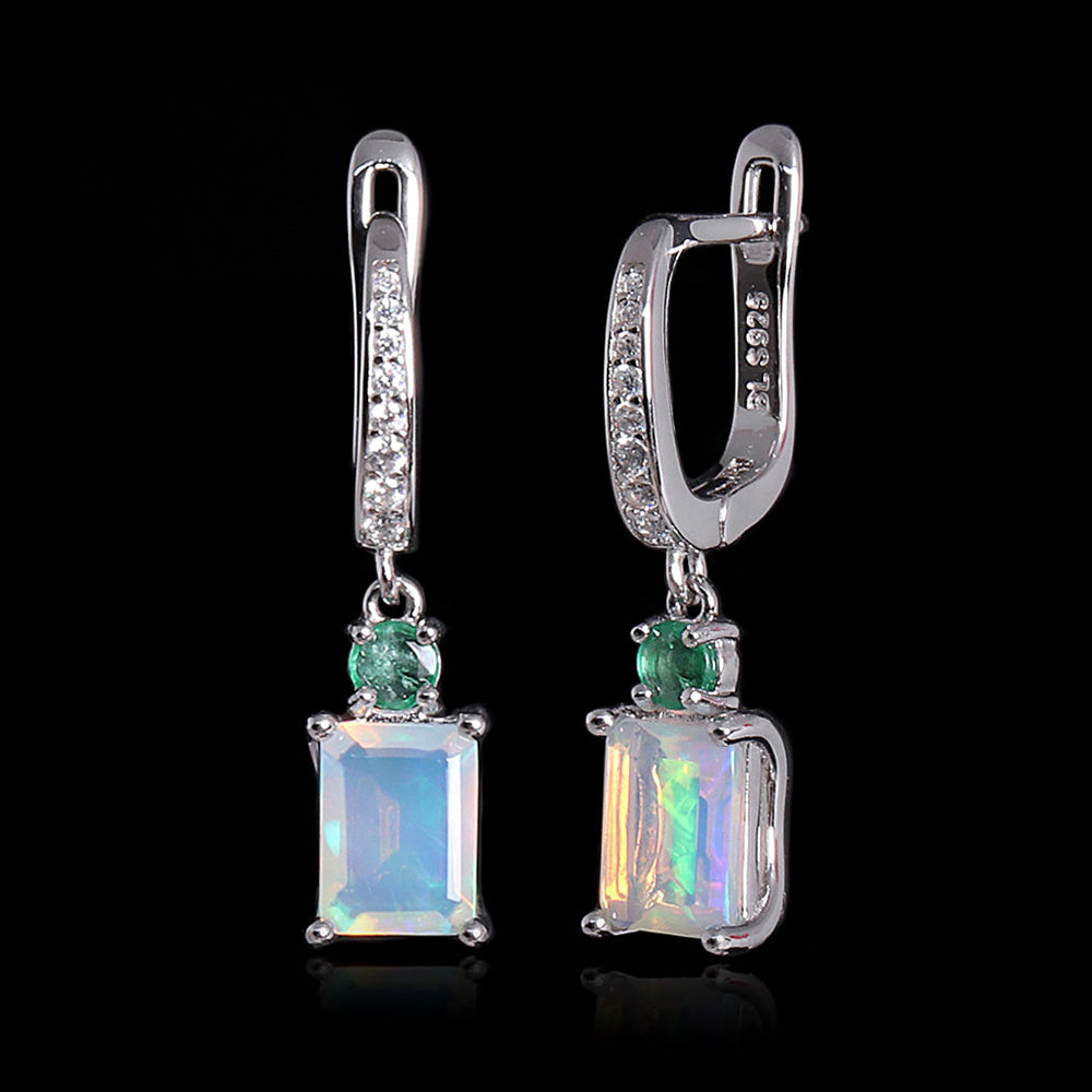 ‘Ellis’ Rectangle Opal Emerald Drop Earrings – pair front