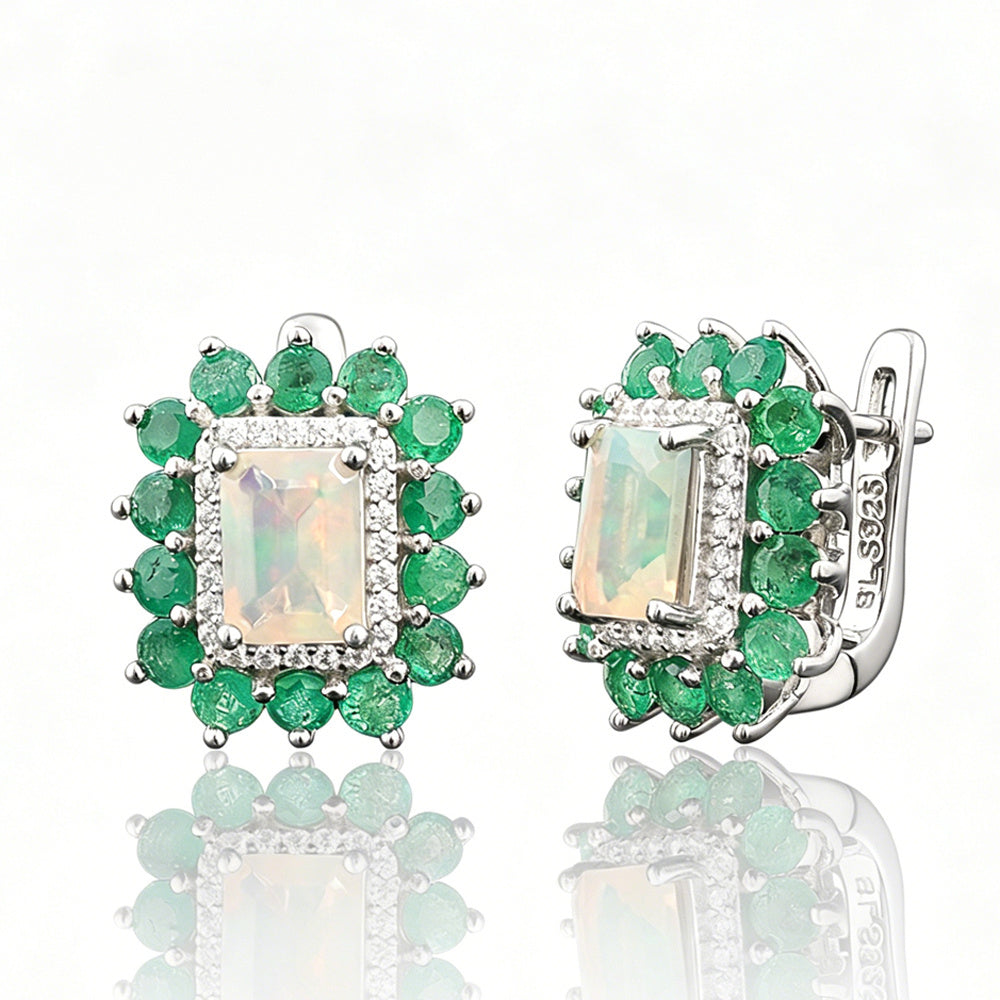‘Glory’ Rectangle Opal Emerald Halo Earrings – pair front