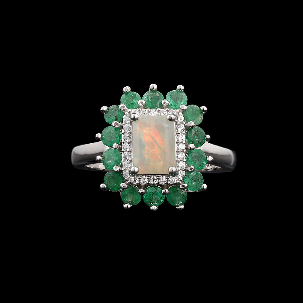 ‘Augusta’ Rectangle Opal Emerald Halo Ring – front view