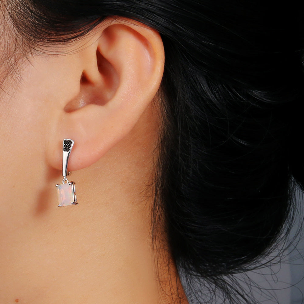 ‘Piper’ Rectangle Opal Tapered Bar Earrings – on ear