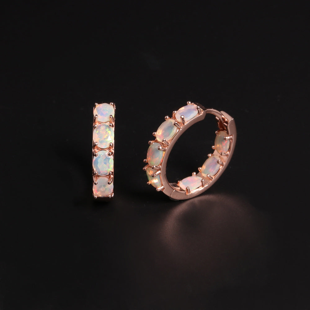 ‘Sunday’ Rose Gold Opal Hoop Earrings – side and front